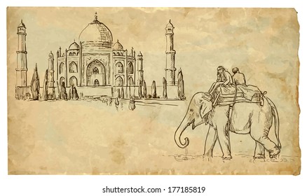 The scene of Indian culture: Two people on an elephant outside the palace. Vector hand drawn illustration (drawings on vintage paper in the bottom layer).