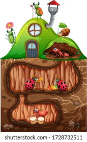 Scene with insects in the underground hole illustration