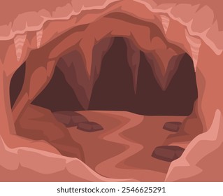 Scene inside cave. Natural panorama and landscape. Orange dark cave with stalagmites Mine with soil and rocks, minerals and stones. Mysterious scenery. Flat vector illustration