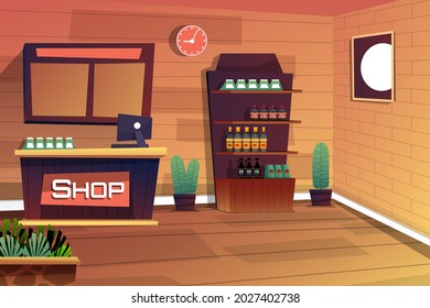 Scene inside shop with cash counter and products on the shelf, cartoon style, vector illustration