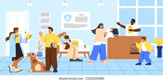 Scene inside veterinary clinic concept. Men and women bring pets to hospital by doctor. Caring for health of cats and dogs. People with domestic animals. Cartoon flat vector illustration