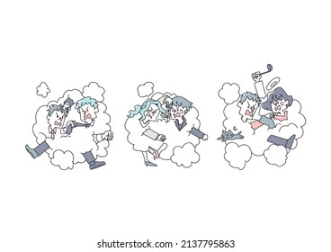 A scene of intense fighting (set) Comical handwritten person vector, simple coloring of line drawing