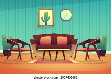Scene interior decorated living room with red couch with cushions, armchair and coffee table on carpet, clock and picture frame on wooden wall in living room, vector illustration