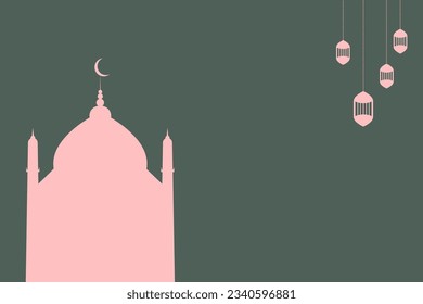 Scene with Islamic Mosque or Masjid with lanterns. Design Greeting Card background for Islamic religions ,Eid al fitr, Eid al adha, Happy muharram, Islamic new year, Ramadan kareem. Flat vector.