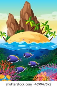 Scene with island and life underwater illustration