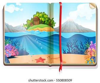 Scene with island in the ocean in the book illustration