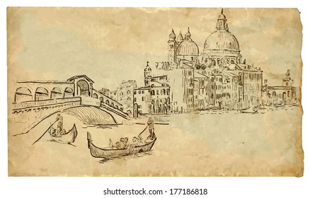 The scene of Italian culture: Venice. Vector hand drawn illustration (drawings on vintage paper in the bottom layer).