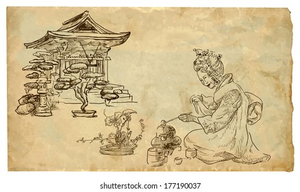 The scene of Japanese culture: Tea Ceremony (in the garden). Vector hand drawn illustration (drawings on vintage paper in the bottom layer).