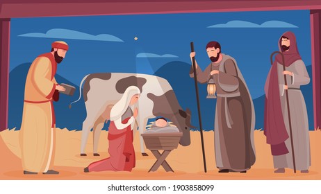 Scene Of Jesus Christ Birth In Wooden Manger Flat Vector Illustration