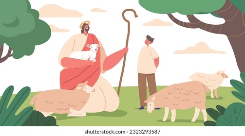 Scene Of Jesus Christ Character As A Shepherd, Surrounded By Gentle Sheep With A Lamb On Hands, Vector Illustration