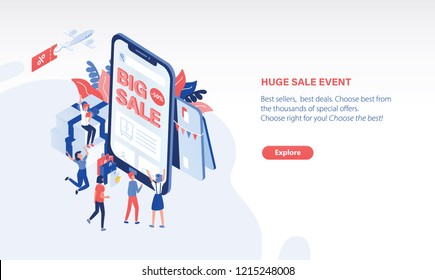 Scene with joyful customers or buyers standing in front of giant smartphone with Big Sale text on screen. Online shopping, internet retail. Modern colored vector illustration in isometric style.