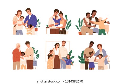 Scene of kid adoption. Multicultural foster families and couples adopt diverse children. Happy parents embracing their adopted daughters and sons. Flat vector cartoon illustration isolated on white
