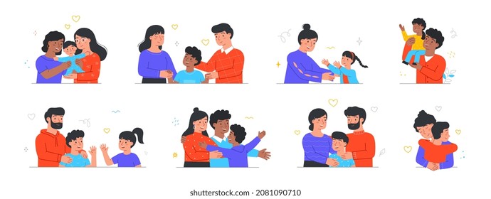 Scene of kid adoption. Multinational foster families love and take care of adopted children. Happy couples with adopted son or daughter. Cartoon flat vector collection isolated on white background