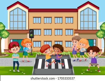 Scene with kid bullying their friend at school illustration