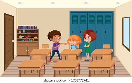 Scene with kid bullying their friend in classroom illustration