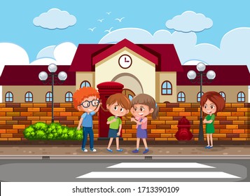 Scene with kid bullying their friend on the street illustration