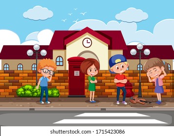 Scene with kid bullying their friend on the street illustration