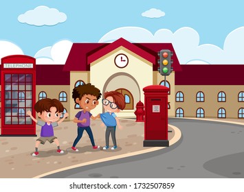 Scene with kid bullying their friend on the street illustration