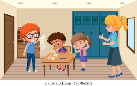 Scene with kid bullying their friend in classroom illustration