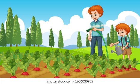 Scene with kid planting trees in the garden illustration