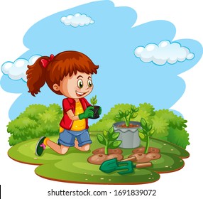 Scene with kid planting trees in the garden illustration