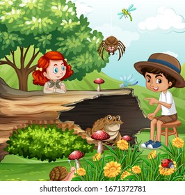 Scene with kids and animals in the garden illustration