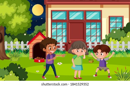 Scene with kids bullying friend in the park illustration