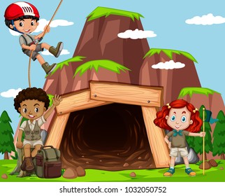 Scene with kids climbing rock at the mine illustration
