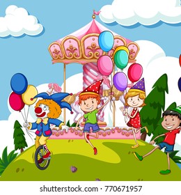 Scene with kids and clown at funpark illustration