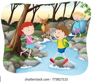 Scene with kids in the forest illustration