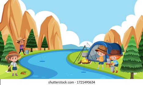 Scene with kids having fun by the river illustration