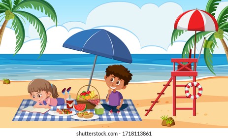 Scene With Kids Having Picnic On The Beach Illustration