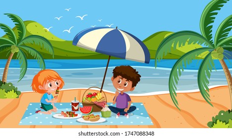 Scene With Kids Having Picnic On The Beach Illustration