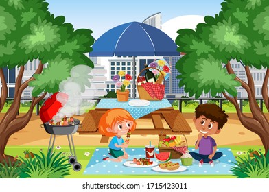 Scene with kids having picnic in the park illustration