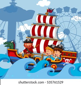 Scene with kids on viking ship illustration