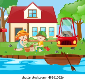 Scene with kids planting at home illustration