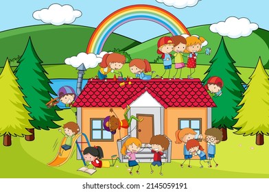 Scene with kids playing at home illustration