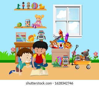 Scene with kids playing in the room illustration