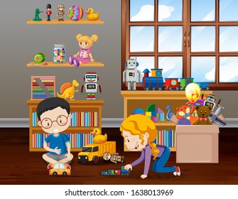 Scene with kids playing in the room illustration