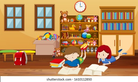 Scene with kids reading in the room illustration