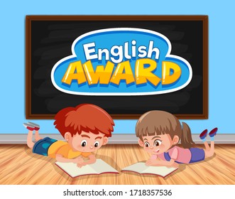 Scene with kids reading and word english award on the board illustration