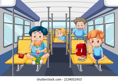 Scene with kids riding on public transportation illustration