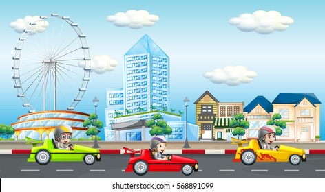 Scene With Kids Riding Race Car On The Road Illustration