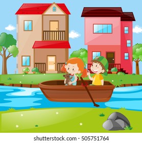 Scene with kids rowing boat illustration