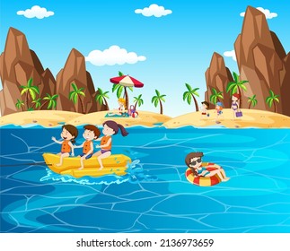 Scene with kids swimming in the ocean illustration