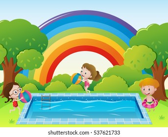 Scene with kids in the swimming pool illustration