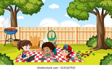 Scene with kids working on computer in garden illustration