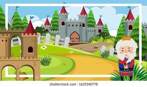 Escena con rey y gran castillo en ilustración de fondo