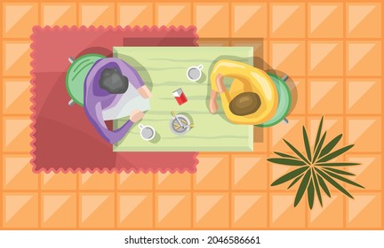 A scene for the kitchen. People are sitting at the table. The interior with furniture in the view from above.  Color furniture icon for floor plan. Table,  coffee, carpet, plant and tile floor. Vector