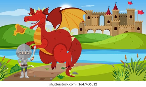 Scene with knight and dragon in fairytale land illustration